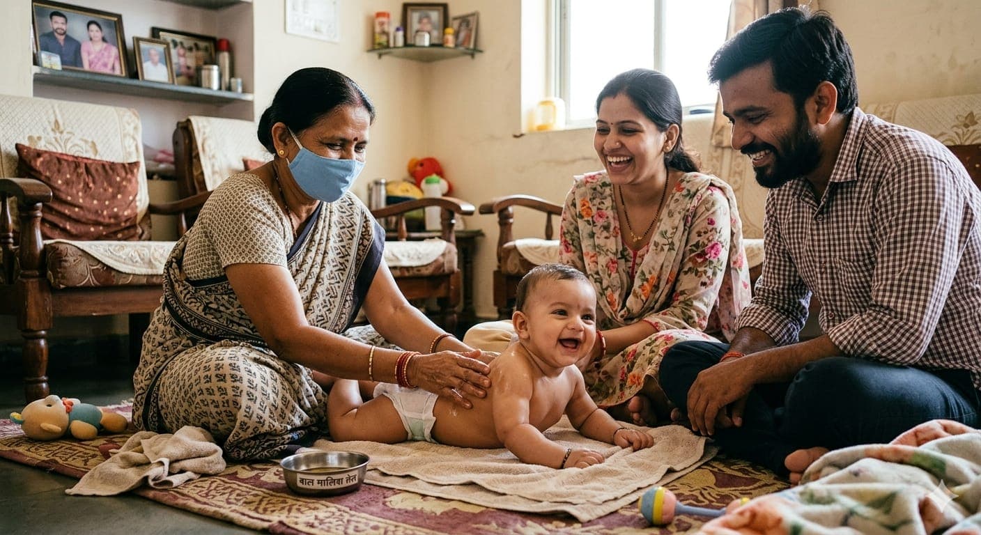 A dadi giving baby massage at home while the parents watch and laugh